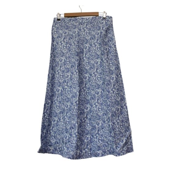 LL Bean Maxi Skirt 8 Petite Blue Paisley Retro 100% Linen Beach Coastal A-Line